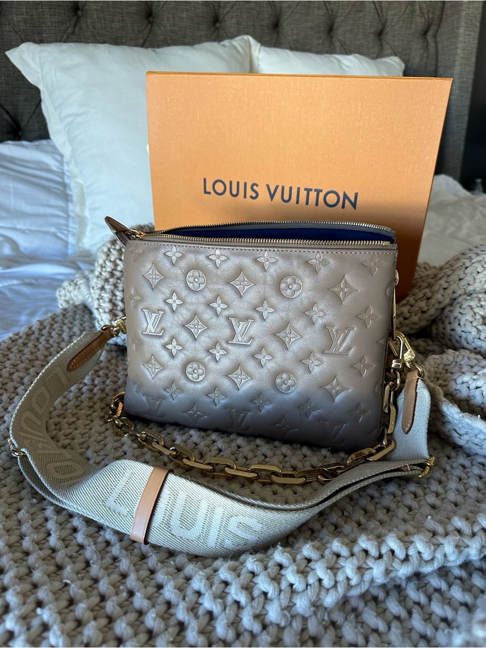 Louis Vuitton Beige Embossed Monogram Crossbody Bag with Cream Strap - Picture 9 of 10